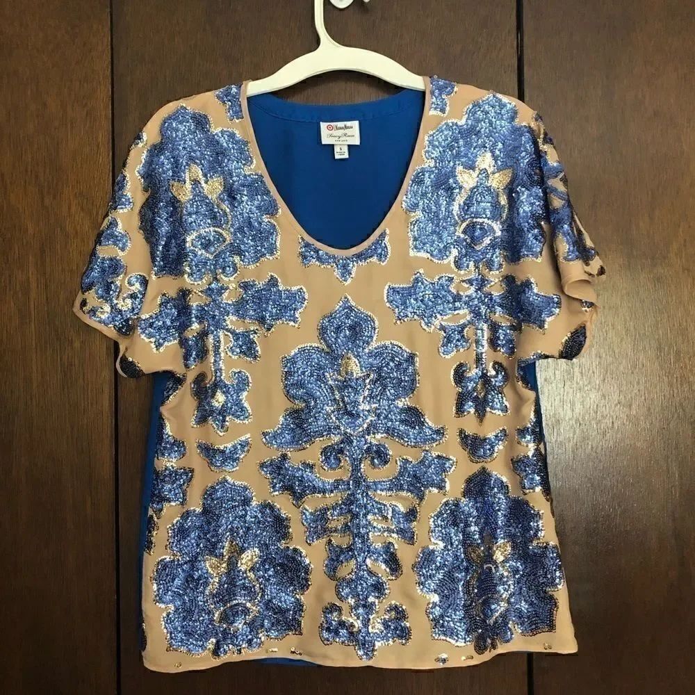 Tracy Reese Neiman Marcus Blue and Gold Sequin Top